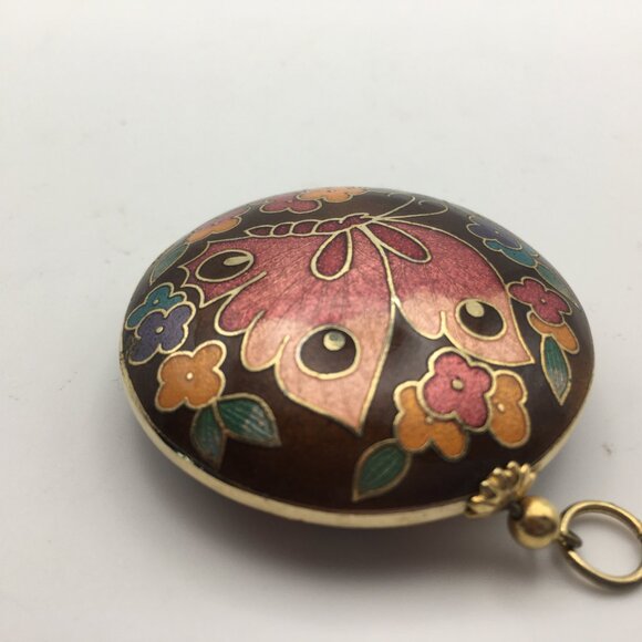 Cloisonne Butterfly Pendant Necklace Black Pink Enamel Puff Double Sided Flowers - Picture 12 of 14